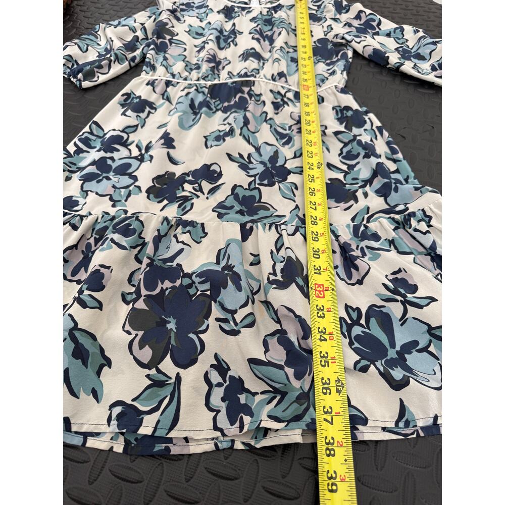 100% Silk Floral Dress Blue Cream Romantic Tiered Size L - Picture 5 of 8